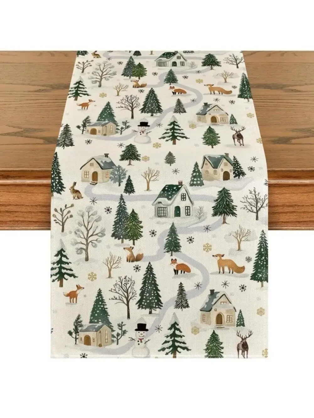 Winter Wonderland Table Runner 13x90 Inch Forest Animals Snowman Holiday Decor
